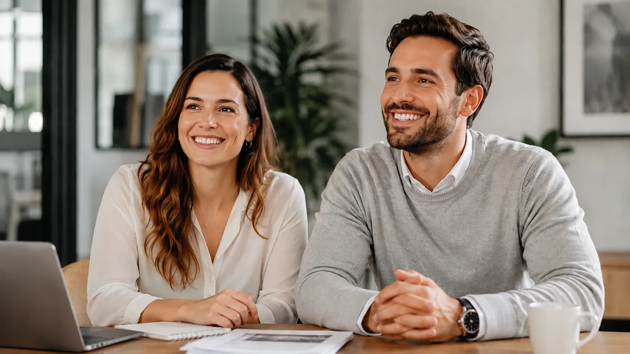 A couple smiling together while discussing their finances.